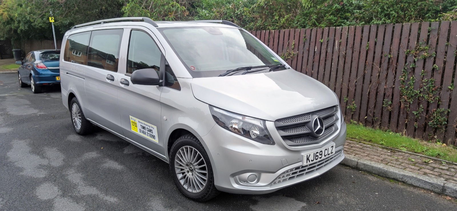 Silver Mercedes Vito minibus, front three-quarter view