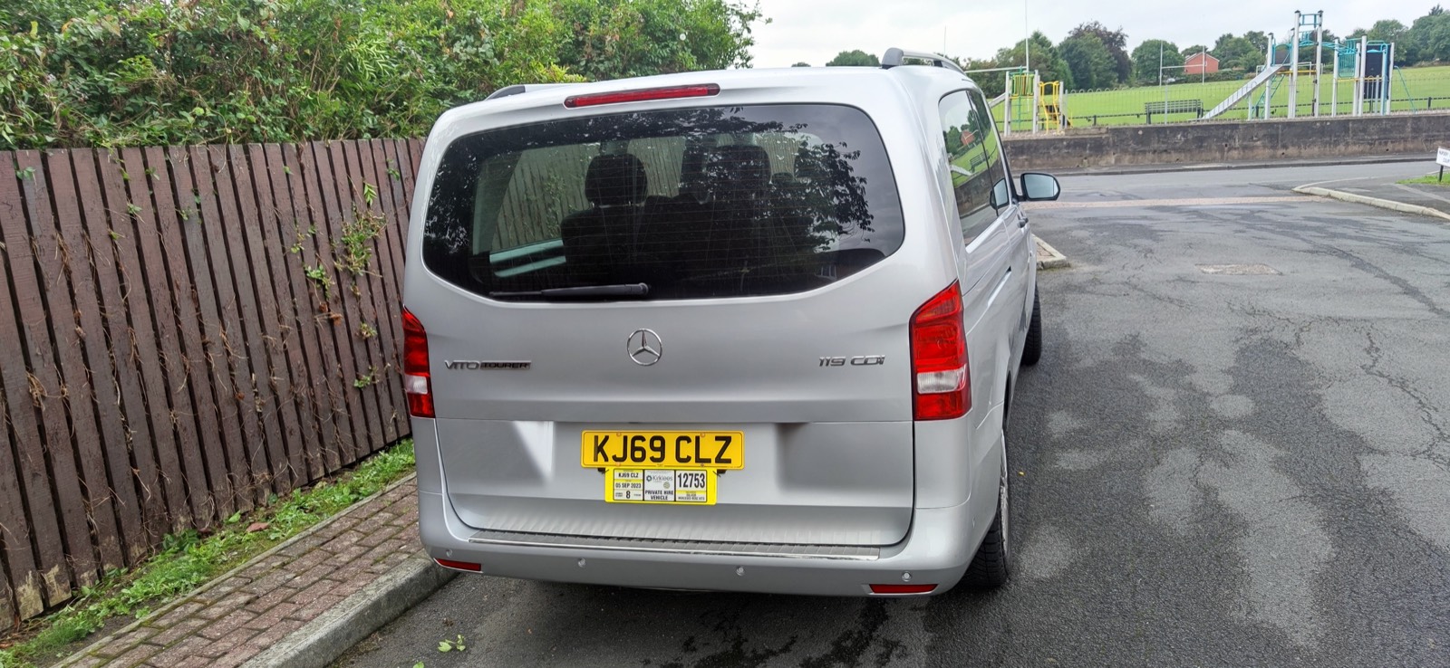 Silver Mercedes Vito minibus, rear view